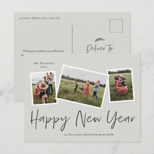 Eenvoudig Manuscript Happy Nieuwjaar 3 Foto Collag Feestdagenkaart (Voorkant / Achterkant)