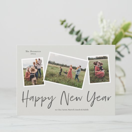 Eenvoudig Manuscript Happy Nieuwjaar 3 Foto Collag Feestdagenkaart (Staand voorkant)