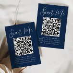Eenvoudig Manuscript Navy QR Code Weddenschap RSVP Informatiekaartje<br><div class="desc">Maak het voor gasten gemakkelijk aan RSVP aan uw bruiloft of gebeurtenis met deze moderne trouwkaarten RSVP met QR code. De elegante kaarten van de trouwomhulling tonen "Scannen me"in een grillig wit manuscript met een marine achtergrond. Pas de kaart aan met uw RSVP-datum, trouwwebsite en instructies voor gasten met behulp...</div>