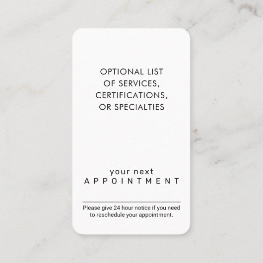 Eenvoudig Manuscript zwart en Witte Modern Vertica Afsprakenkaartje (Achterkant)