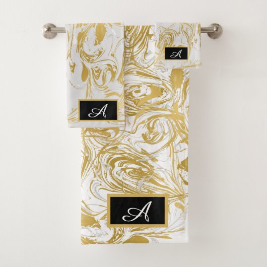 Eenvoudig Marble Monogram Gold White Marble Black Bad Handdoek (Insitu)