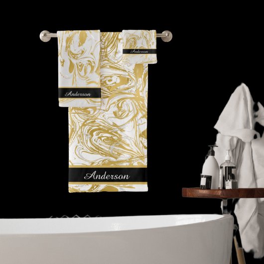 Eenvoudig Marble Monogram Gold White Marble zwart Bad Handdoek
