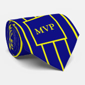 Eenvoudig marineblauw en geel streepjesmonogram stropdas (Opgerold)