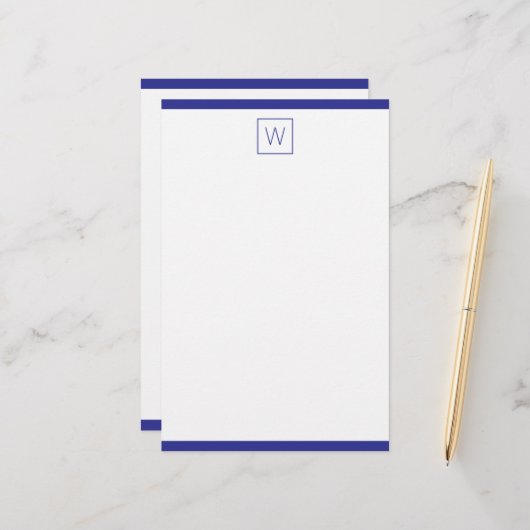 Eenvoudig marineblauw en wit monogram briefpapier (Voorkant / Achterkant in situ)