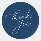 Eenvoudig marineblauw kalligrafie script dank u ronde sticker (Voorkant)