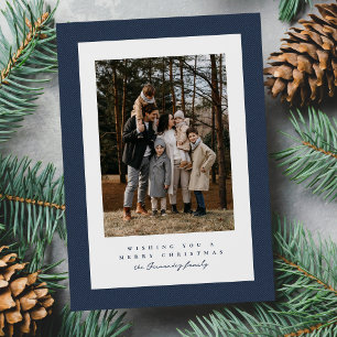 Eenvoudig marineblauw tweed kader kerstfoto feestdagenkaart