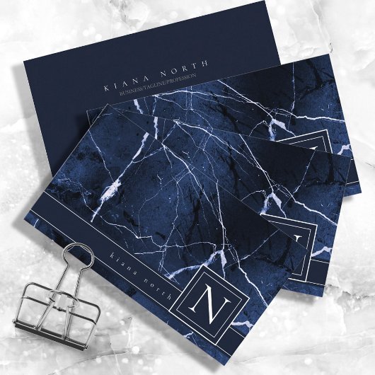 Eenvoudig marmer Monogarm Blue en White Std ID672 Visitekaartje