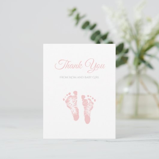 Eenvoudig meisje Baby shower dank u roze voetafdru Briefkaart (Staand voorkant)
