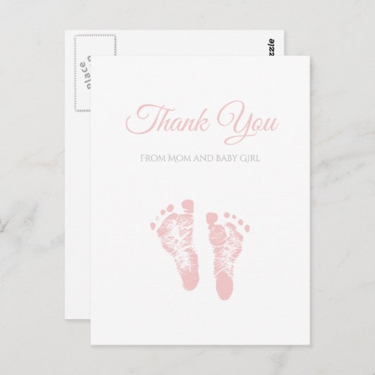 Eenvoudig meisje Baby shower dank u roze voetafdru Briefkaart (Voorkant / Achterkant)