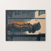 Eenvoudig meisje blijft in de regen naast de carto legpuzzel (Horizontaal)