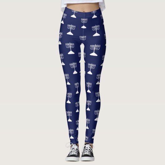 Eenvoudig Menorah Patroon Chanoeka Marine Blauw Leggings (Voorkant)