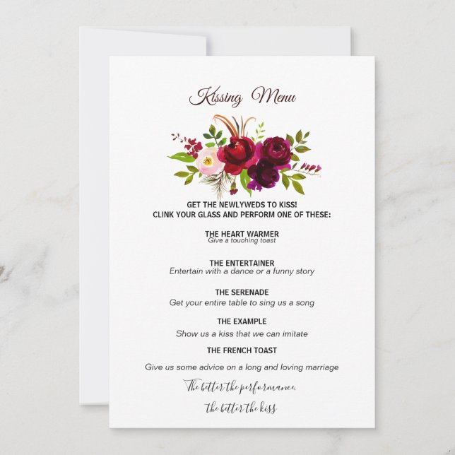 Eenvoudig menu Bogundy Floral Kissing (Voorkant)
