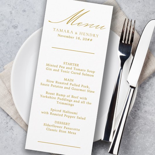 Eenvoudig menu Calligrafie Gold en White Wedding