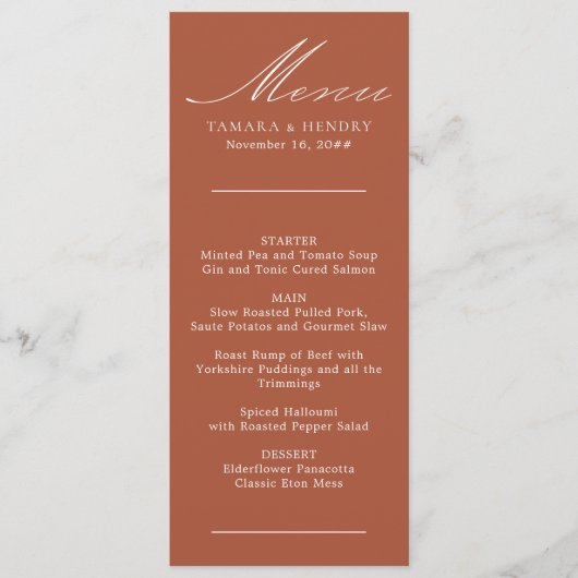 Eenvoudig menu Calligrafie Terracotta Wedding (Voorkant)