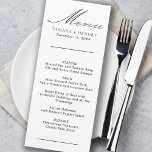 Eenvoudig menu Calligrafie zwart-wit<br><div class="desc">Aangepaste trouwmenukaart. Eenvoudig klassiek en elegant ontwerp zwart-wit om met uw trouwkleuren te coördineren (doorblader mijn winkel voor alternatieve kleuren of klik op "Pas verder aan" en verander de achtergrondkleur om aan te passen). De sjabloon is klaar voor u om de bruid- en bruidenamen, de trouwdatum en uw menu toe...</div>