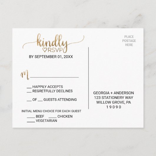 Eenvoudig menu Gold Calligraphy Keuze RSVP-Briefka (Achterkant)