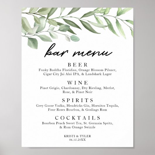 Eenvoudig menu Greenery Leaves Bar Poster (Voorkant)