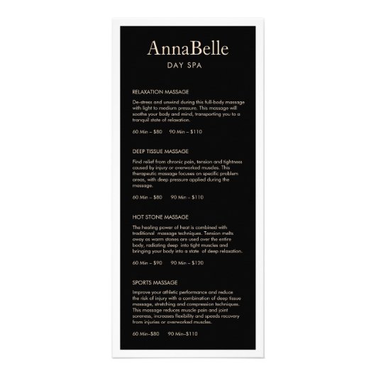 Eenvoudig menu Lijst met zwarte-spaszalonprijzen (Voorkant)