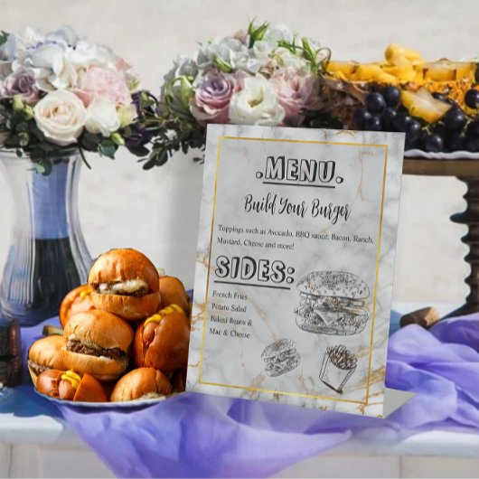 Eenvoudig menu Marble Gold Elegant Wedding Burger Reclamebord Met Voetstuk