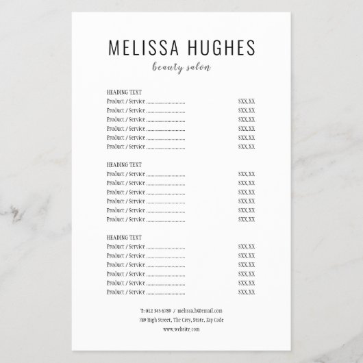 Eenvoudig menu Modern Black en White Salon Service (Voorkant)