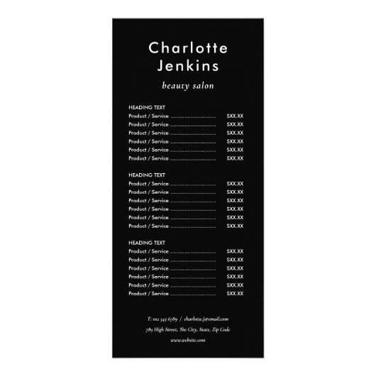 Eenvoudig menu Modern Black en White Salon Service (Voorkant)