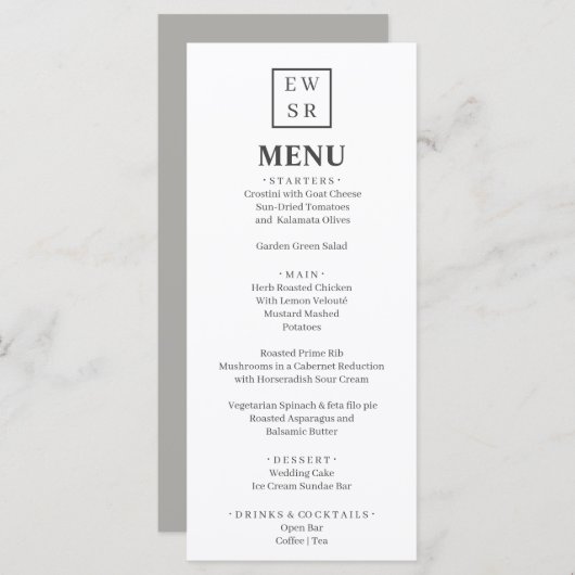 Eenvoudig menu Monogram Wit en Grijze bruiloft (Voorkant / Achterkant)