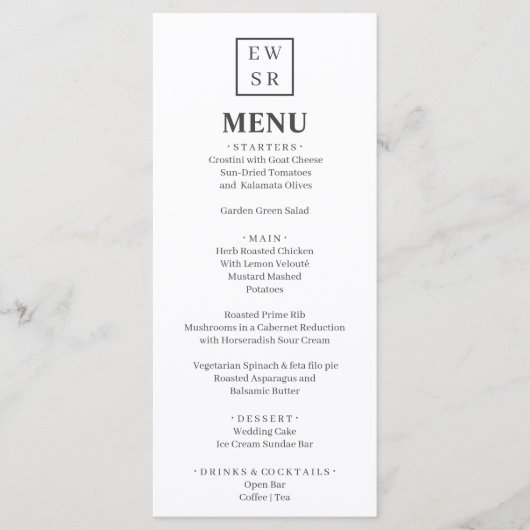 Eenvoudig menu Monogram Wit en Grijze bruiloft (Voorkant)