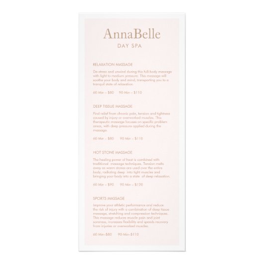 Eenvoudig menu Prijslijst met lichtroze spa-salon (Voorkant)