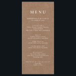 Eenvoudig menu Rustic Kraft Brown<br><div class="desc">Deze aanpasbare menukaart is ontworpen om te coördineren met ons minimalistische Collectie Rustic en bevat een witte klassieke lettertype op een achtergrond van kraft-effecten. Dit is een eenvoudig en minimalistisch rustig collectie, zeer veelzijdig en geschikt voor elk trouwseizoen. Voor een meer geavanceerde aanpassing van dit ontwerp, bijvoorbeeld het wijzigen van...</div>