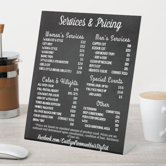 Eenvoudig menu Salon Reclamebord Met Voetstuk (Insitu)