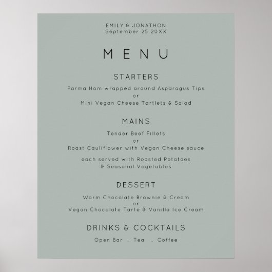 Eenvoudig menu Silvery Sage Green Wedding Poster (Voorkant)