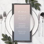 Eenvoudig menu van het Blinderoze en Stusty Blue W<br><div class="desc">Eenvoudige Ombre Blush Pink & Dusty Blue Wedding Reception Dinner Menus. Deze moderne Kaart van het Menu van het Kanaal is eenvoudig klassiek en elegant met een subtiele ombre gradiënt langzaam verdwijnen en een de calligrafiedoopvont van het handtekeningsmanuscript met staarten. Getoond in de nieuwe Colorway. Beschikbaar in verscheidene kleurenopties, of...</div>