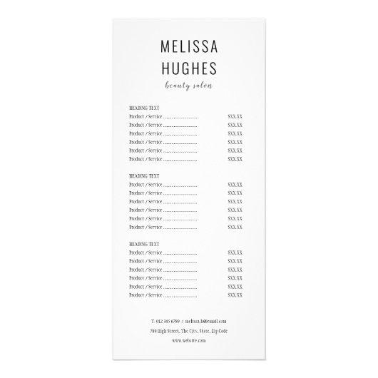 Eenvoudig menu voor zwarte en witte salon (Voorkant)