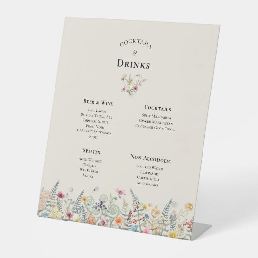 Eenvoudig menu Wildflower Fern Beige Wedding Drink Reclamebord Met Voetstuk (Voorkant)