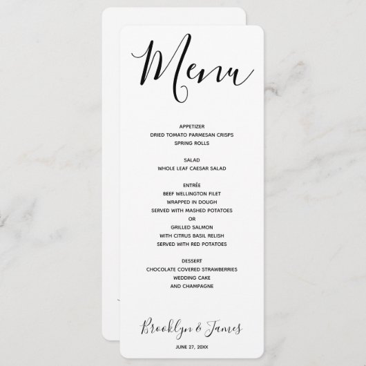 Eenvoudig menu Witte bruiloften in script (Voorkant / Achterkant)