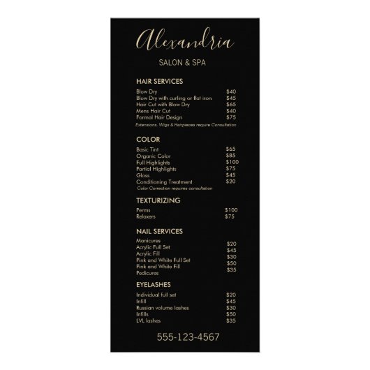 Eenvoudig menu Zwart script salon Service (Voorkant)