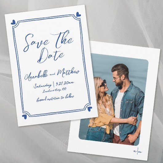 Eenvoudig met de Hand Getekend Foto Blauw Whimsica Save The Date