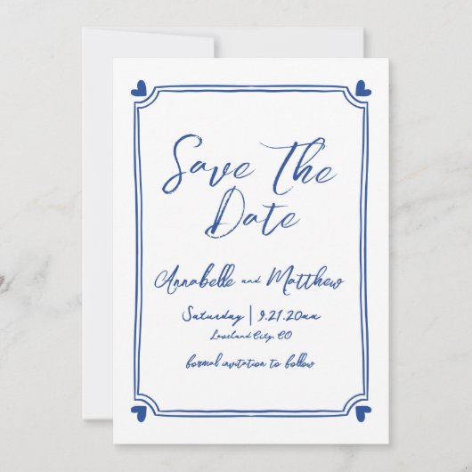 Eenvoudig met de Hand Getekend Foto Blauw Whimsica Save The Date (Voorkant)