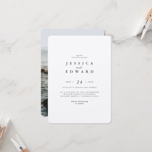 Eenvoudig Metalic Silver en Black Photo Wedding Kaart (Voorkant / Achterkant in situ)