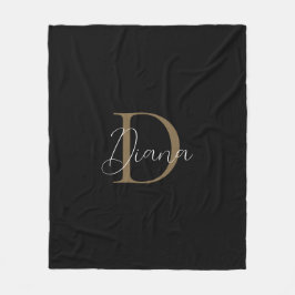 Eenvoudig Midnight Black Mossy Gold Script Monogra Fleece Deken