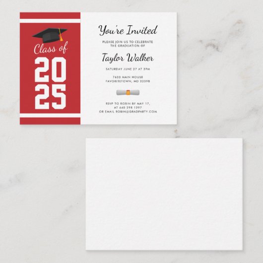 Eenvoudig Mini Afstuderen 2025 Red Party Invitatio Informatiekaartje (Voorkant / Achterkant)