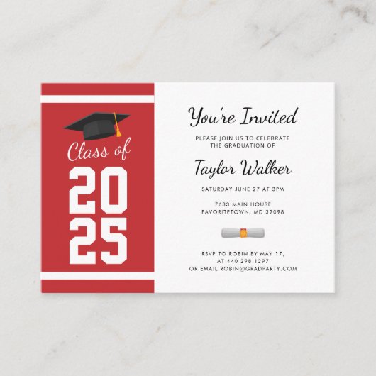 Eenvoudig Mini Afstuderen 2025 Red Party Invitatio Informatiekaartje (Voorkant)
