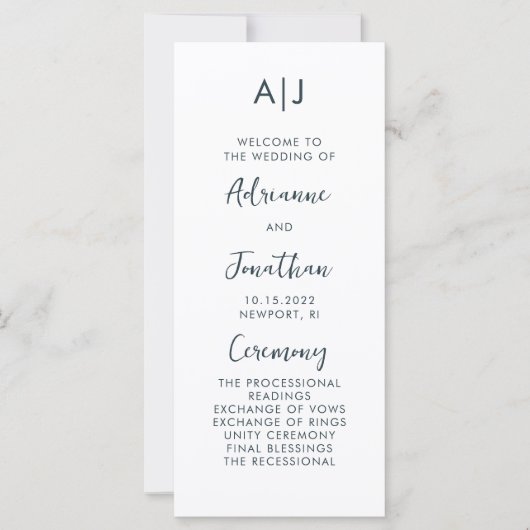 Eenvoudig minimaal blauw wit bruiloft ceremonie pr (Voorkant)