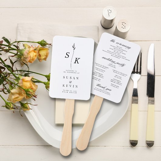 Eenvoudig minimaal chique blad monogram bruiloft p handwaaier