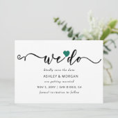 Eenvoudig minimaal elegant script Blauwgroen hart  Save The Date (Staand voorkant)