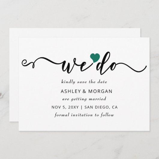 Eenvoudig minimaal elegant script Blauwgroen hart  Save The Date (Voorkant / Achterkant)