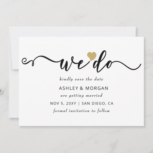 Eenvoudig minimaal elegant Script Gold Heart dat w Save The Date (Voorkant)
