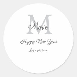 eenvoudig minimaal gelukkig nieuwjaar monogram gri ronde sticker