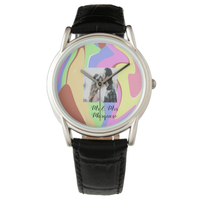 eenvoudig minimaal jouw naam foto roze groen horloge (Voorkant)