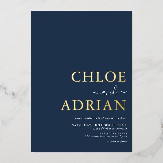 Eenvoudig minimaal marinevlek Blue Wedding Gold Folie Uitnodiging (Voorkant)